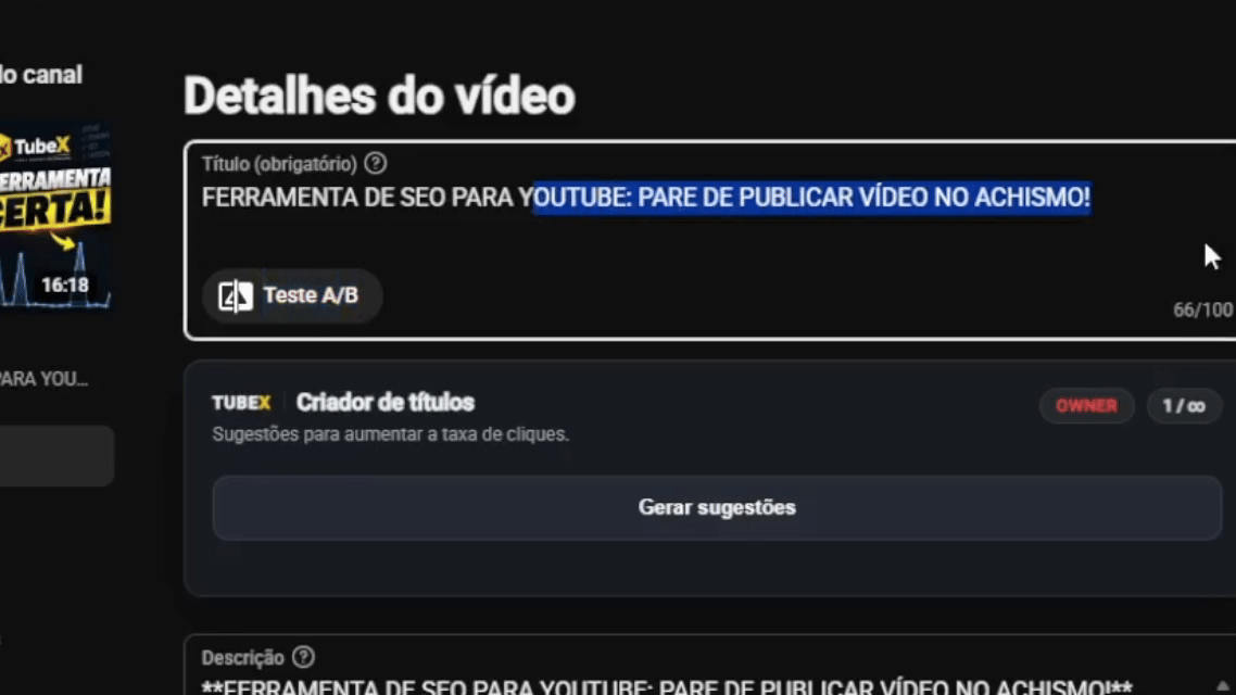 TubeX SEO Explorer analisando um vídeo